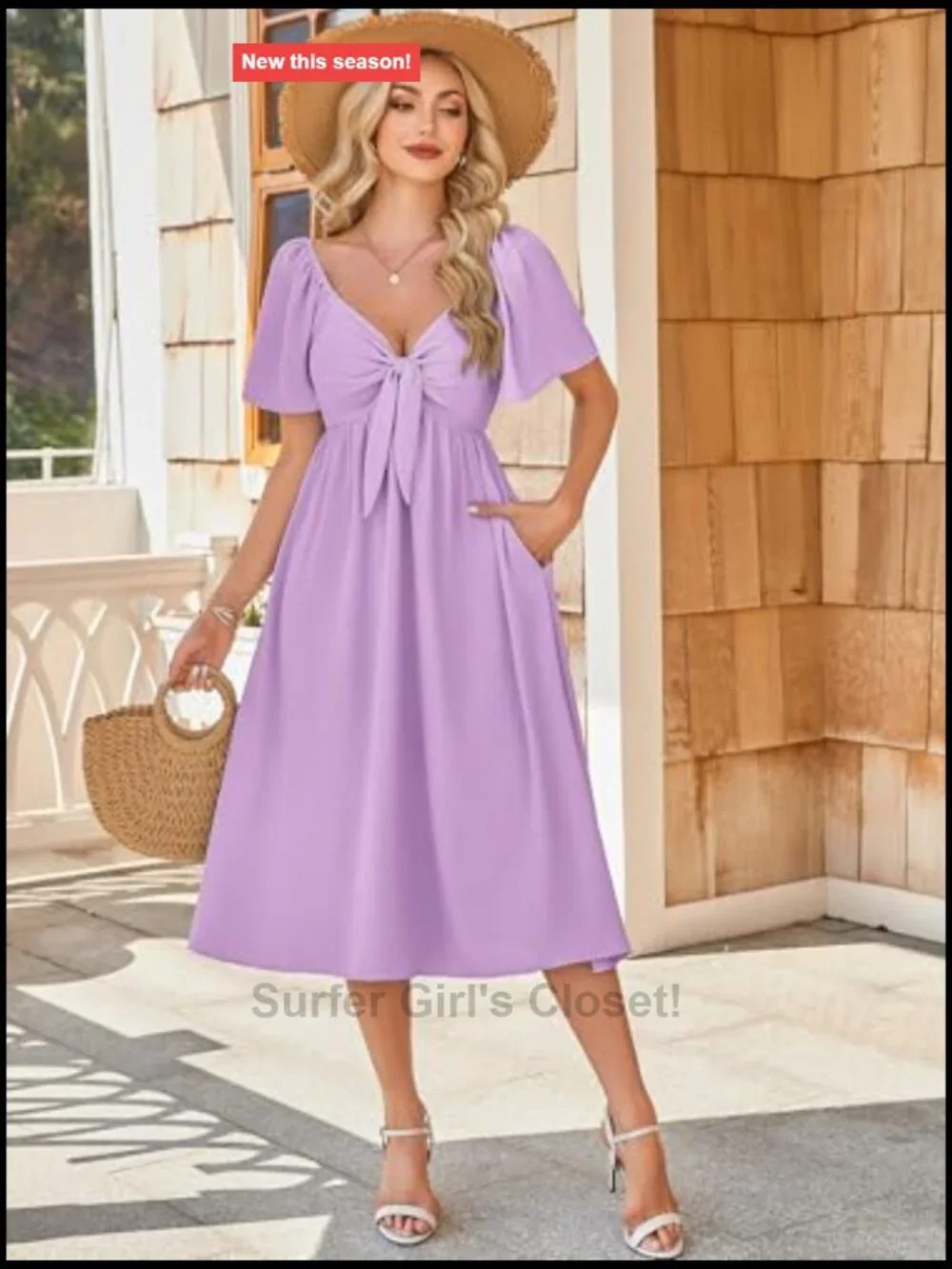 Casual V Neck Bow Tie Smocked High Waist A-Line Flowy Midi Dress with Pockets